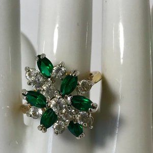 Ring, Faux Diamond & emerald stones, gold tone, size 6
